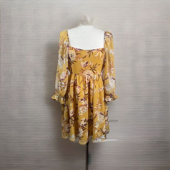 Together Dresses & Skirts - By Together Mustard Floral Open Back Dress Sheer Sleeve Size Medium Shoe Fly